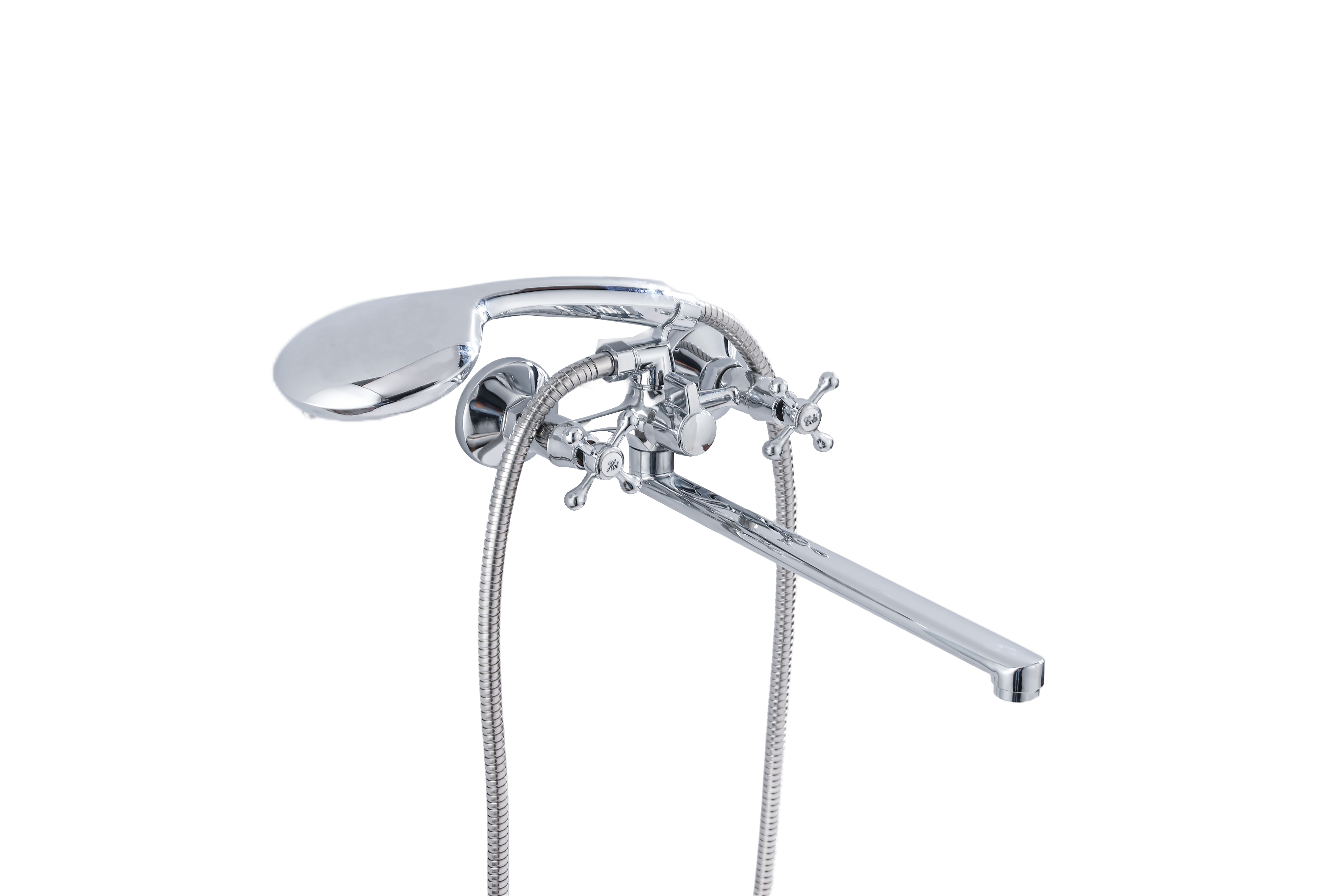 картинка 67-6-050 Смеситель латунь,двухвент. для ванны,лейка, шланг, латун.кран-букса, плоск.гус.35см, Д230-65 от базы строительно-отделочных материалов