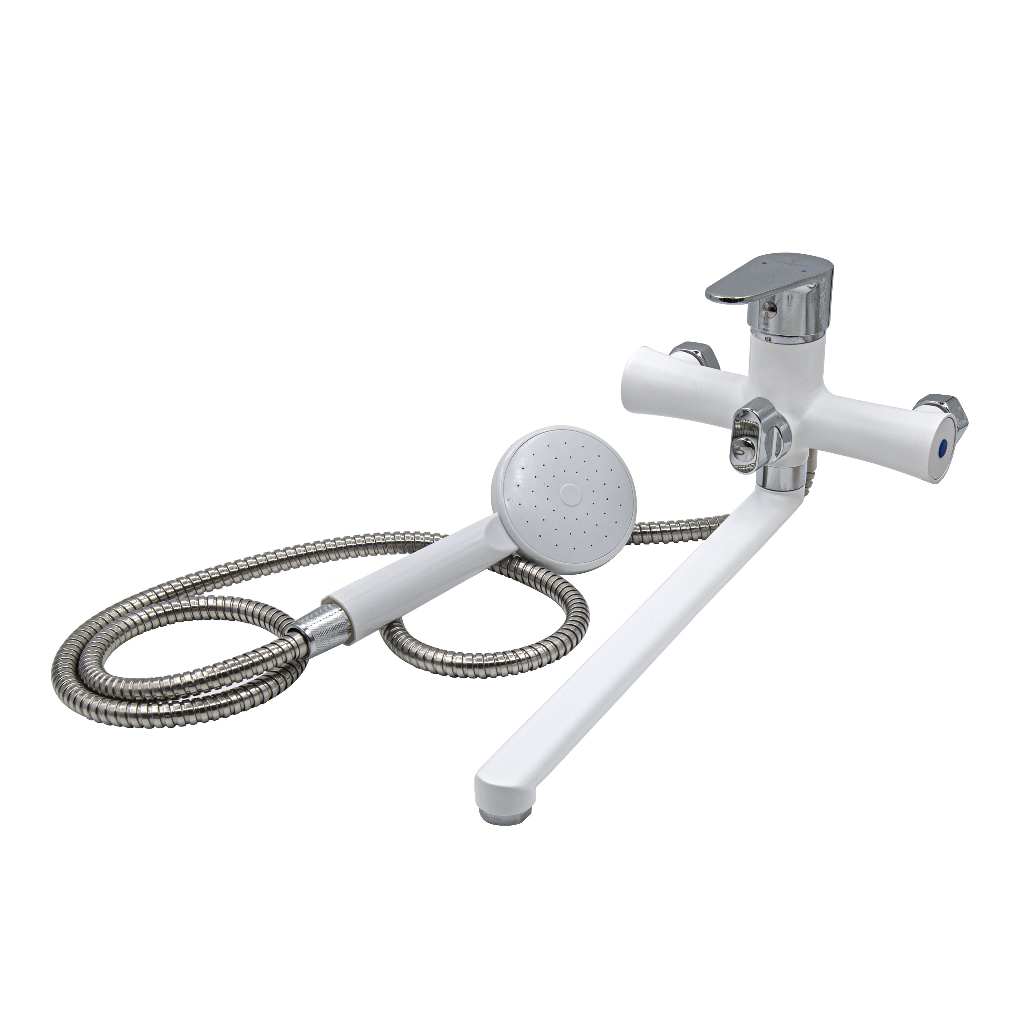 картинка 67-0-823 Смеситель Ремоколор, однор. для ванны, лейка, шланг, настен, белый, керам. картридж 35мм от базы строительно-отделочных материалов